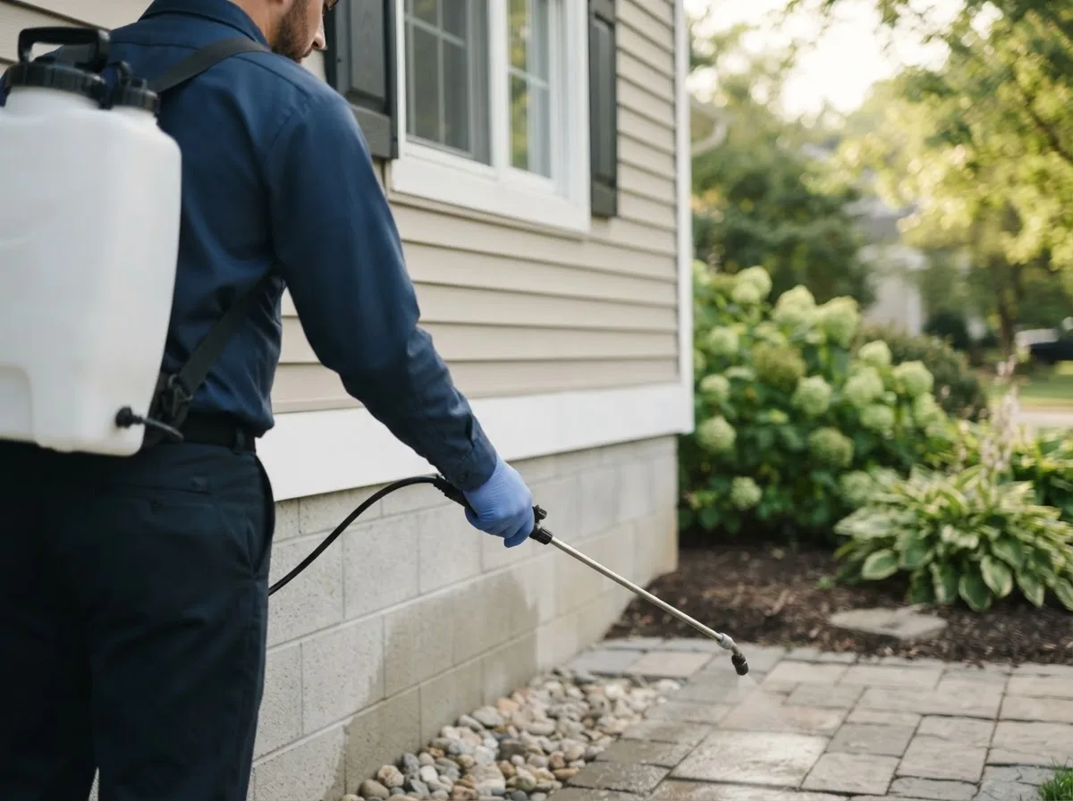 Pest control technician inspecting a home in Ashville, OH